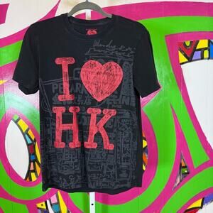 Giordano HK, Black and Red Short Sleeve Tee with Graphic Design. Size Medium.